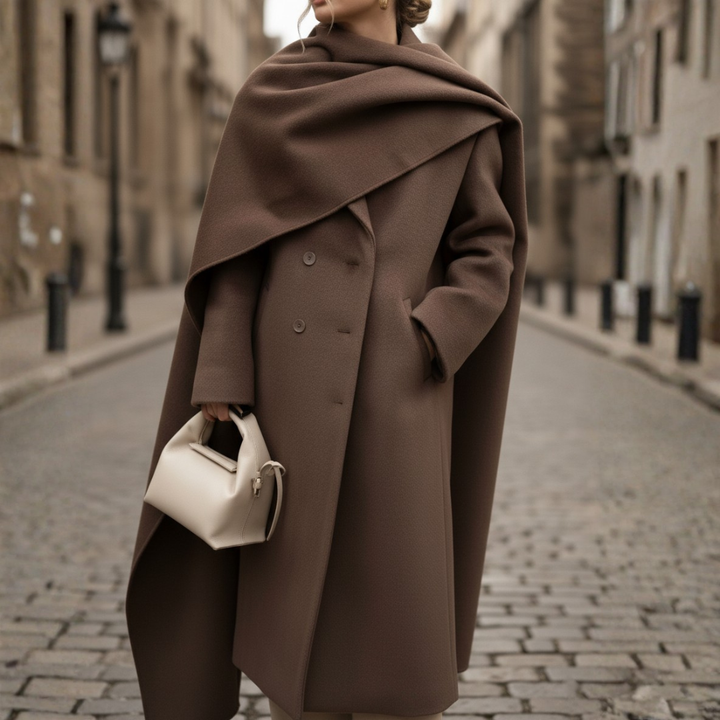 Cappotto Lungo da Donna Marrone con Doppiopetto e Mantella