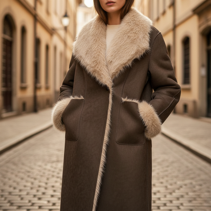Cappotto Donna Marrone in Tessuto Sintetico con Colletto in Pelliccia Sintetica