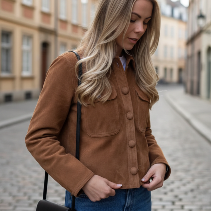 Giacca donna in materiale morbido marrone con bottoni