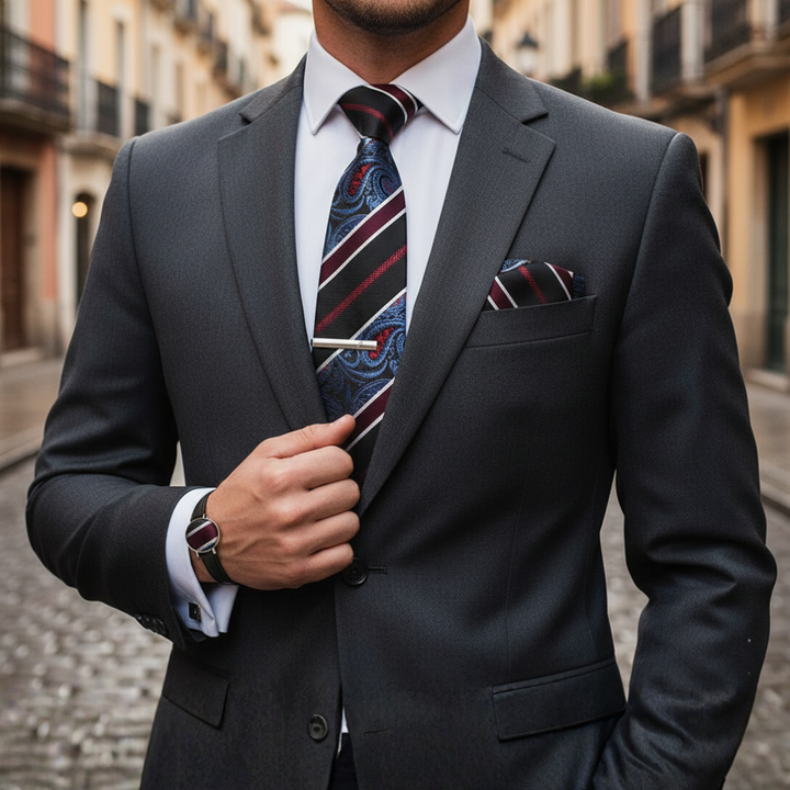 Set Cravatta Uomo Seta Paisley Rosso Blu Completo