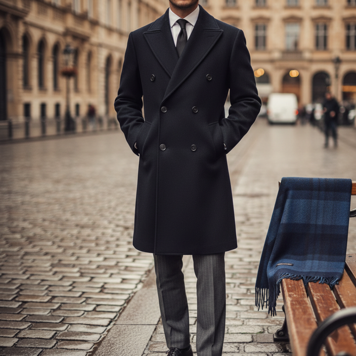 Cappotto Uomo Blu Scuro in Misto Lana Doppiopetto Invernale