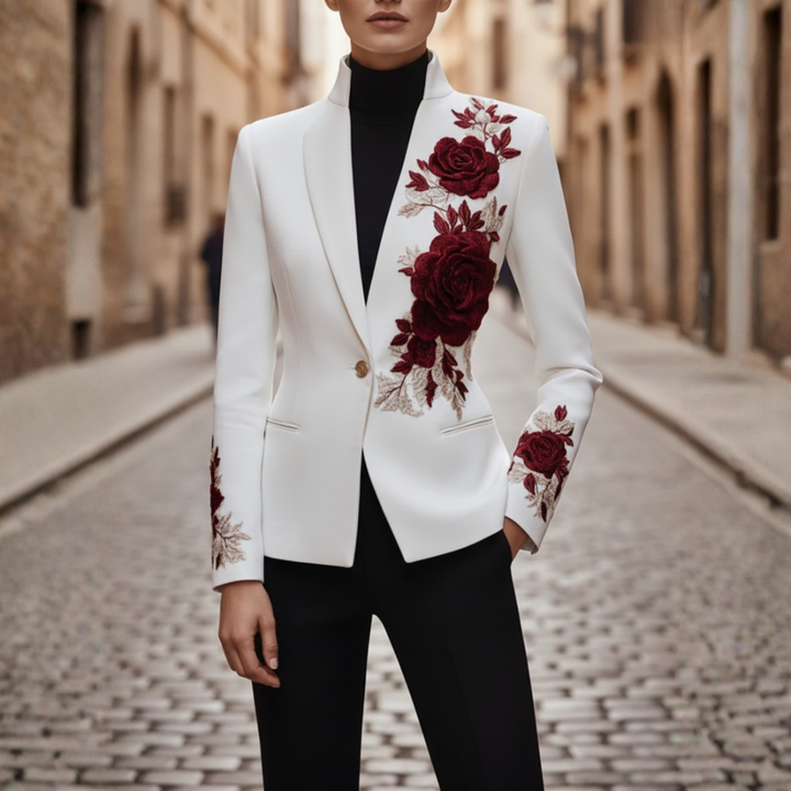 Giacca Donna Bianca Ricamo Floreale Tessuto