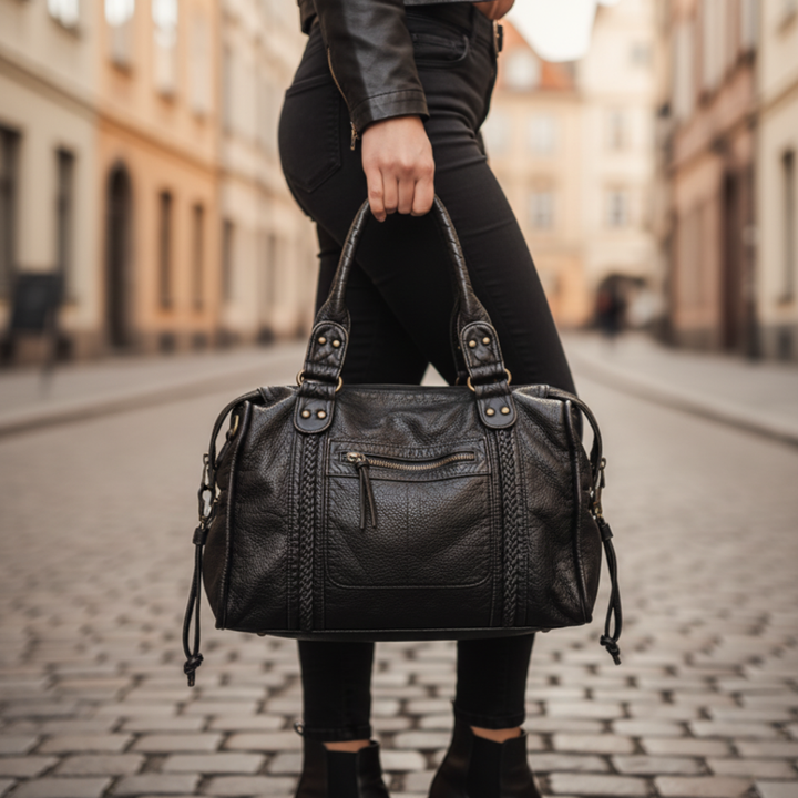 Women's Black Leather Bag With Handles