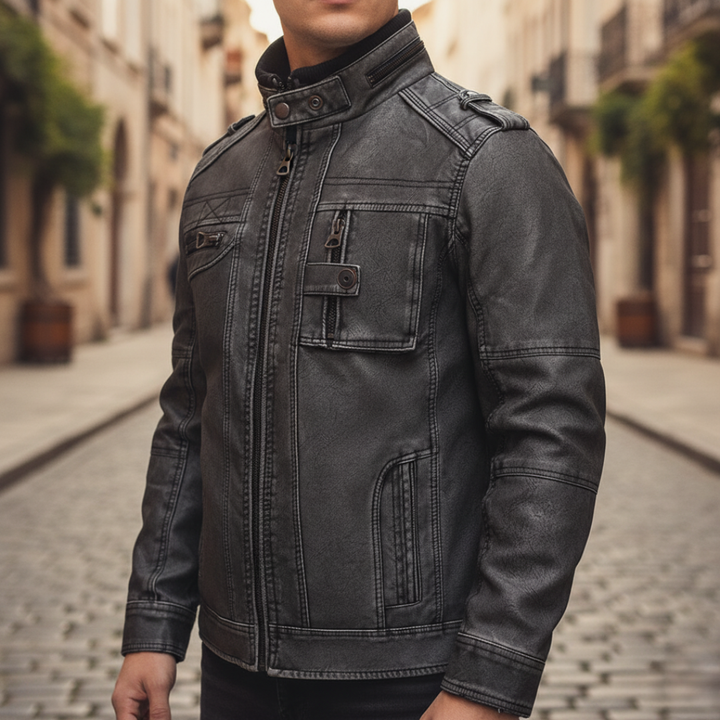 Giacca Uomo in Pelle Sintetica con Collo Alto e Tasche