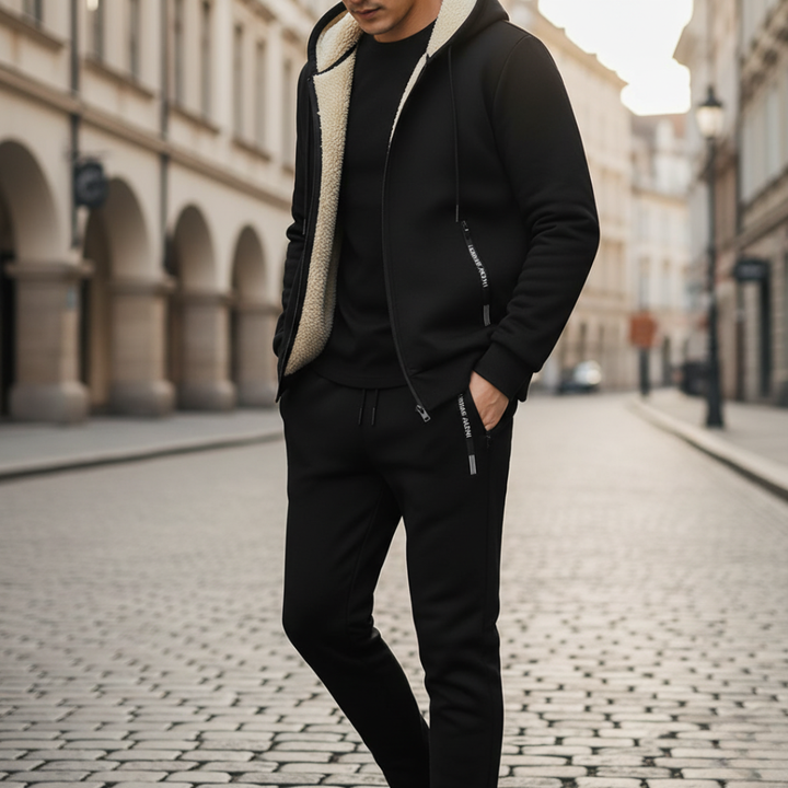 Felpa e Pantaloni Uomo in Materiale Morbido Nero con Cappuccio