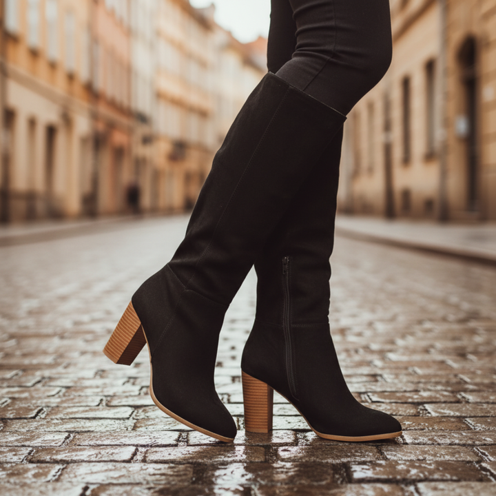 Stivali Donna Alti Tacco Quadrato in Similpelle Scamosciata