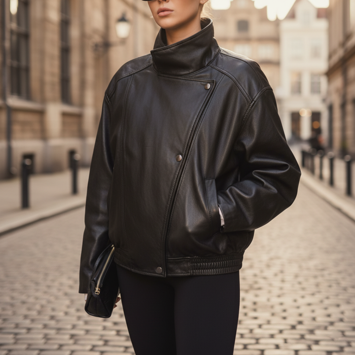 Giacca Bomber in Materiale di Alta Qualità da Donna con Cerniera Asimmetrica e Collo Alto