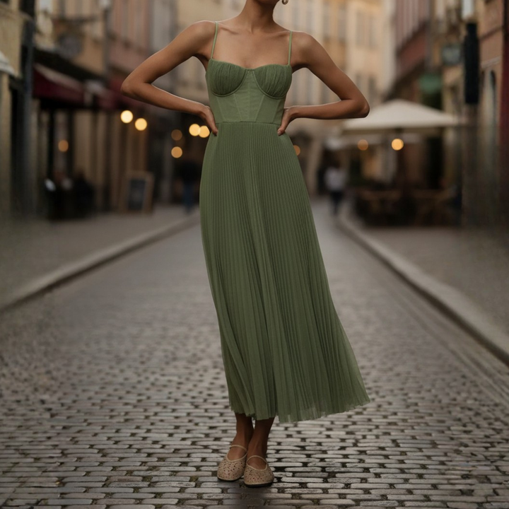 Abito Lungo Donna Pieghe Verde