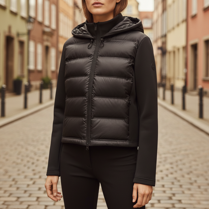 Giacca Piumino Donna Nero con Cappuccio Materiale Impermeabile