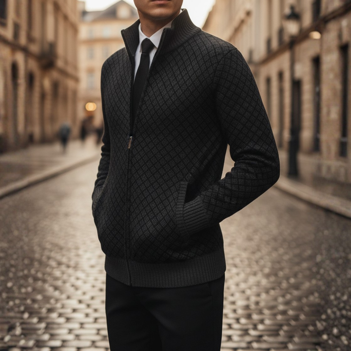 Cardigan Uomo con Zip e Fantasia in Materiale di Alta Qualità con Colletto Alto