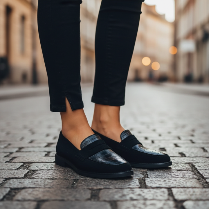 Mocassini Donna in Pelle Scamosciata Nera con Dettagli Crocodile