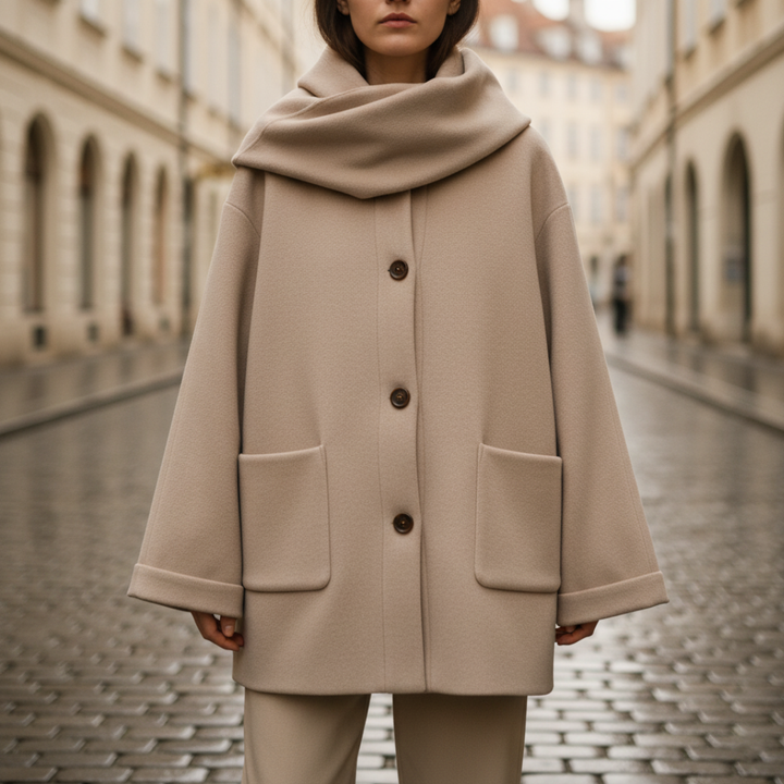 Short Women's Coat in High-Quality Material with Hood and Oversized Cape
