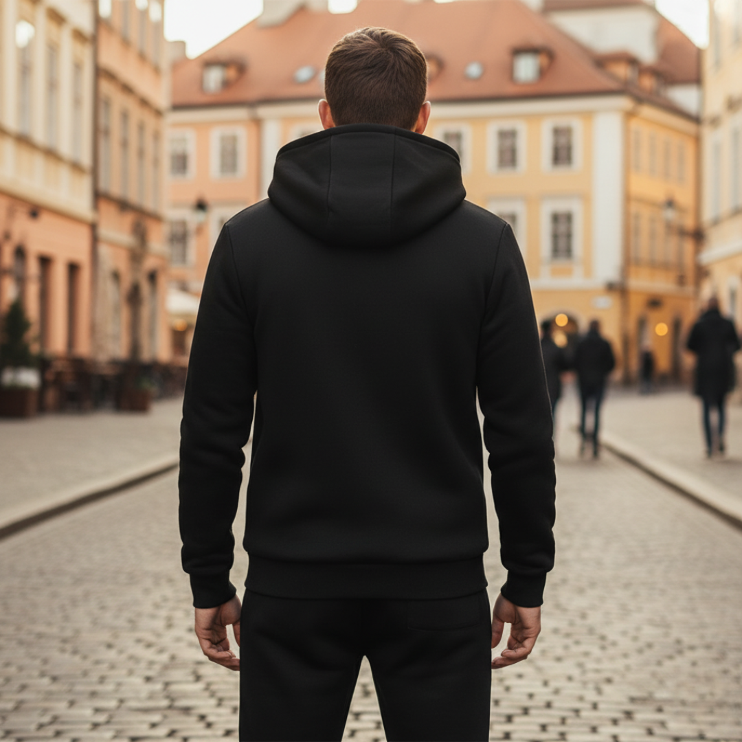 Felpa e Pantaloni Uomo in Materiale Morbido Nero con Cappuccio