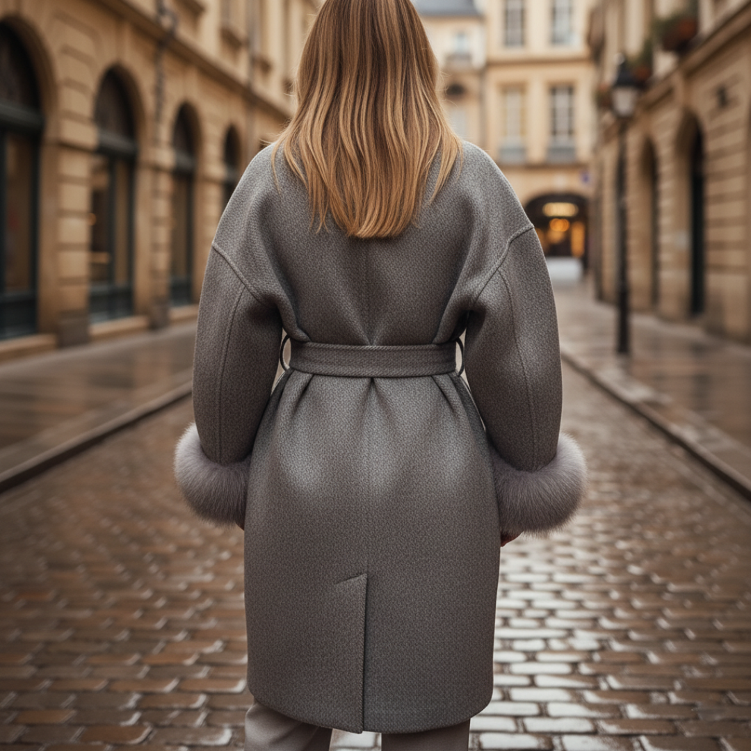 Cappotto Donna in Materiale di Alta Qualità Grigio con Fascia e Polsini in Pelliccia Sintetica
