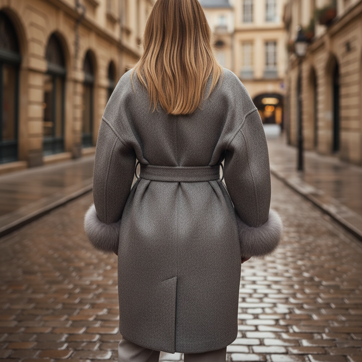 Cappotto Donna in Materiale di Alta Qualità Grigio con Fascia e Polsini in Pelliccia Sintetica