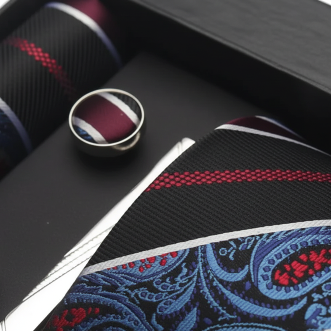 Set Cravatta Uomo Seta Paisley Rosso Blu Completo