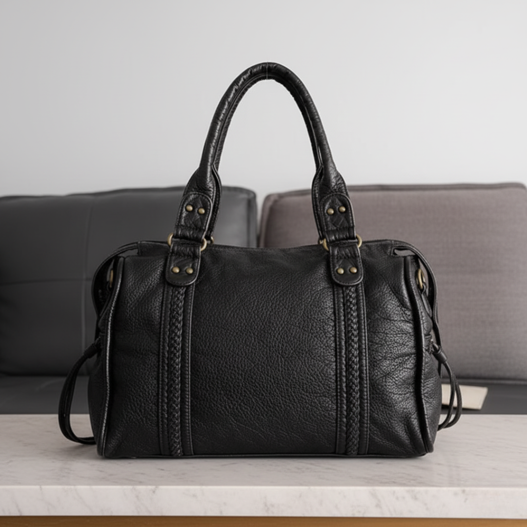 Women's Black Leather Bag With Handles