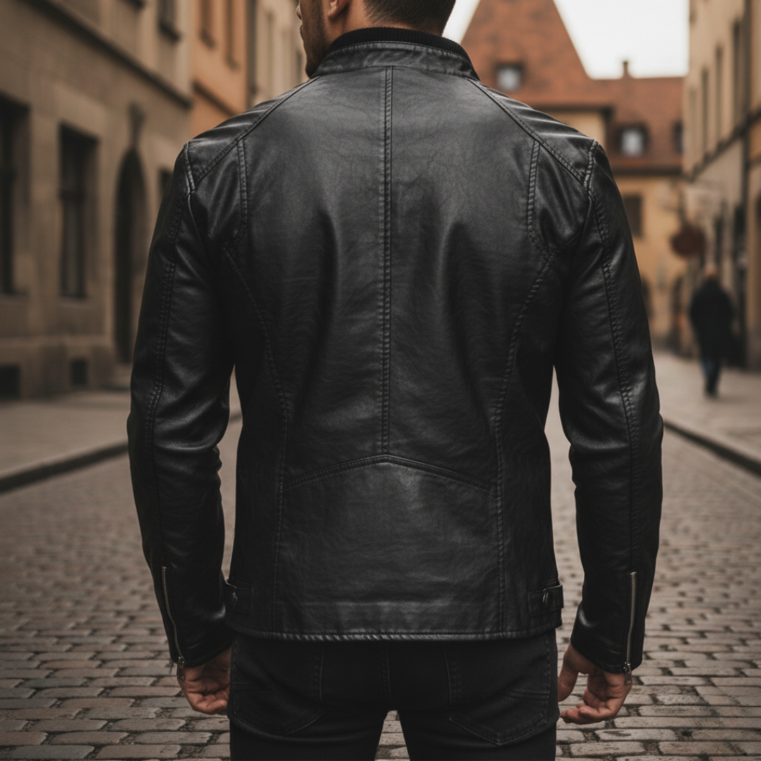Giacca Uomo in Pelle Sintetica con Collo Alto e Tasche