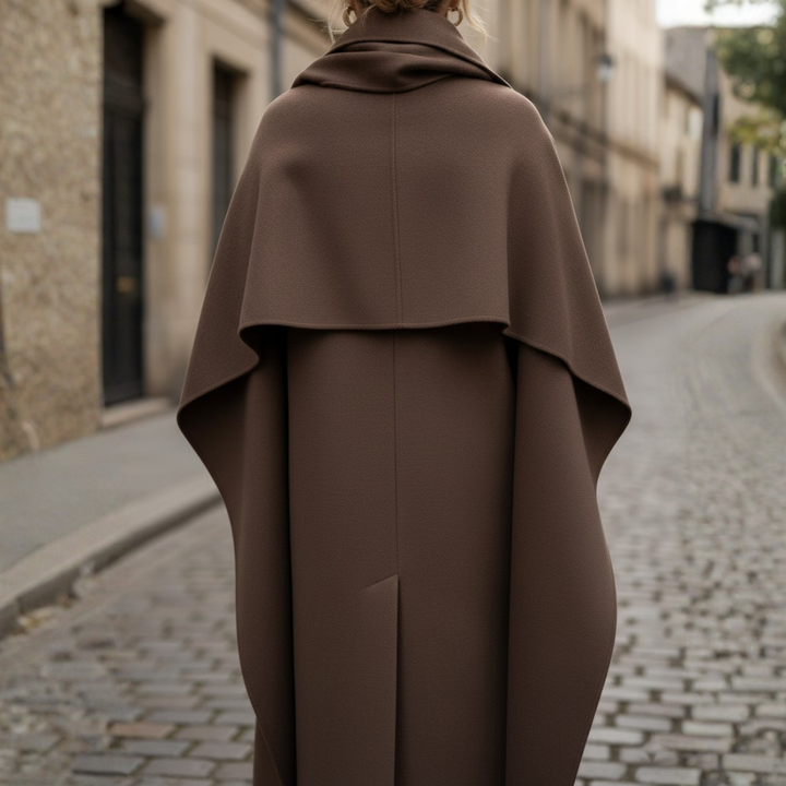 Cappotto Lungo da Donna Marrone con Doppiopetto e Mantella
