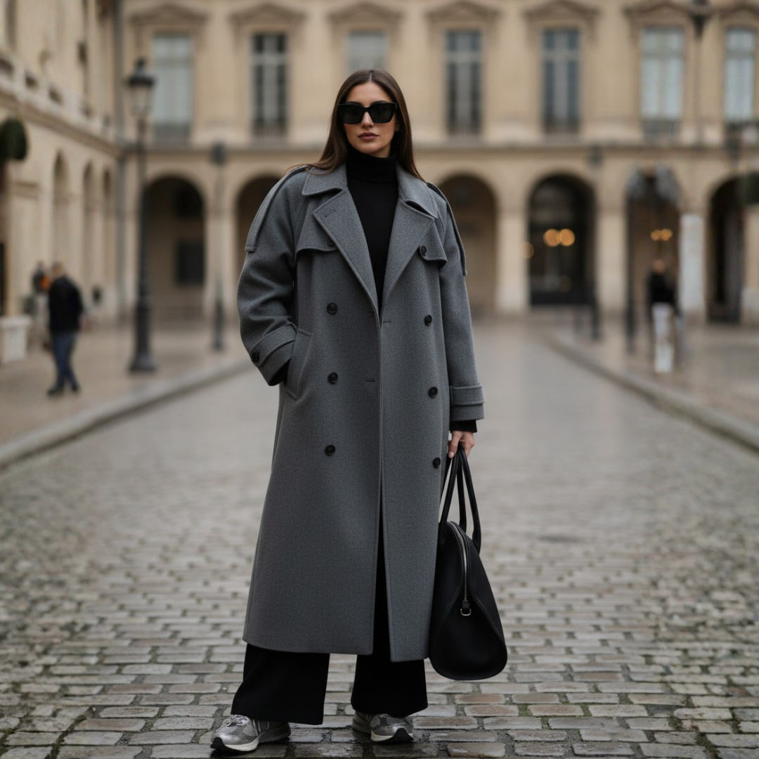 Cappotto Lungo da Donna in Materiale di Alta Qualità Doppiopetto Oversize