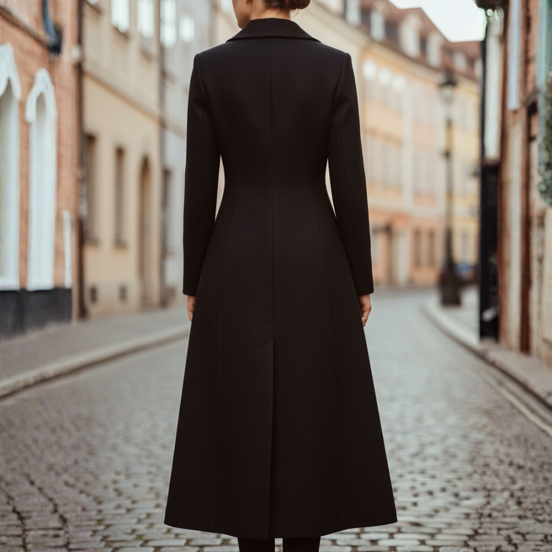 Cappotto Donna Lungo Nero Poliestere Doppiopetto