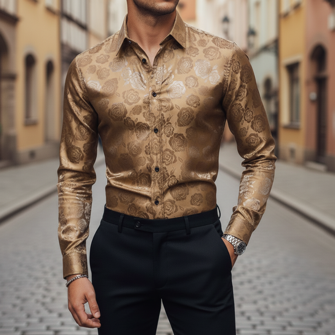 Camicia Uomo Raso Jacquard Rose Maniche Lunghe