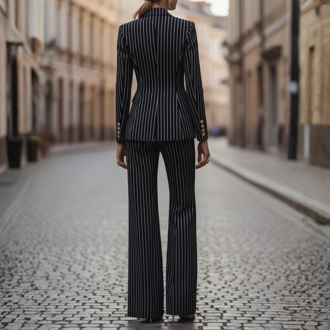 Abito Donna Completo Blazer Pantalone Strisce Blu Nero Tessuto