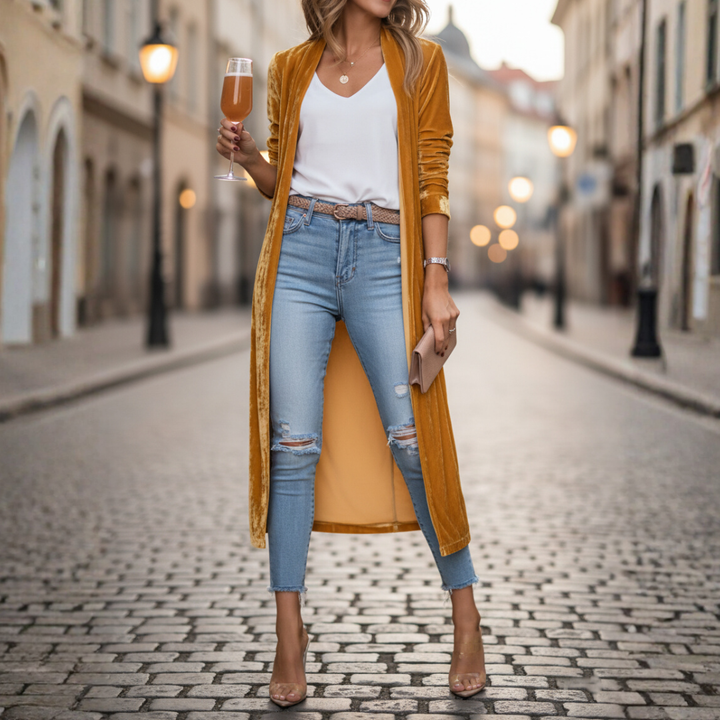 Cappotto Lungo Donna in Velluto con Collo a Scialle