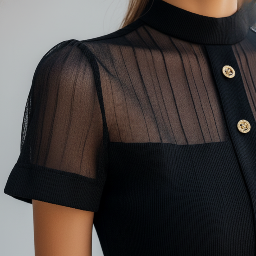 Abito Donna Nero Collo Alto Pieghe Tessuto Elegante