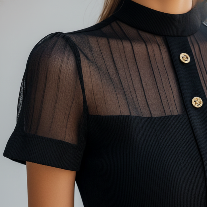 Abito Donna Nero Collo Alto Pieghe Tessuto Elegante