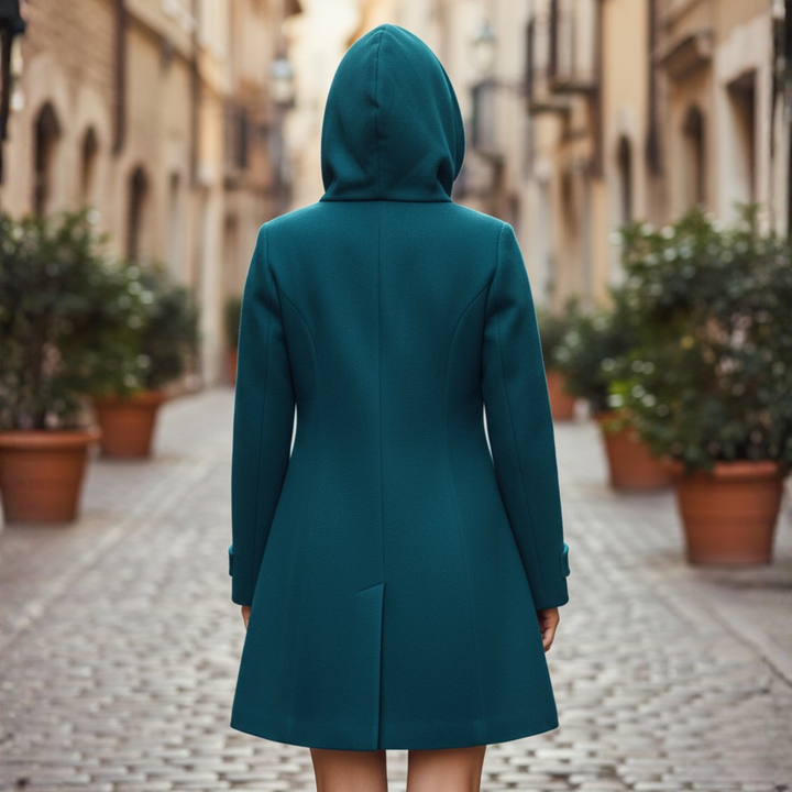 Cappotto Invernale Donna Materiale Misto con Cappuccio e Bottoni