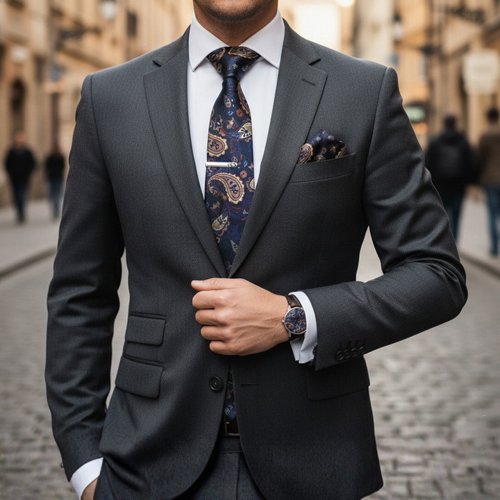 Set Cravatta Uomo Seta Paisley Rosso Blu Completo