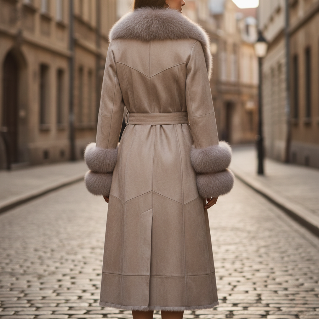Cappotto Donna Lungo in Pelle Sintetica con Collare in Pelliccia