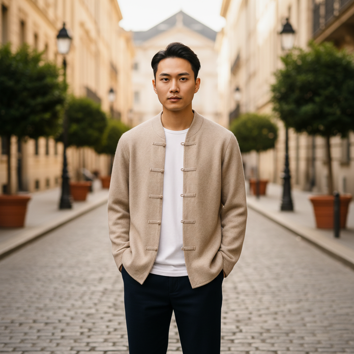 Cardigan Uomo Stile Cinese con Bottoni Rana in Materiale di Qualità