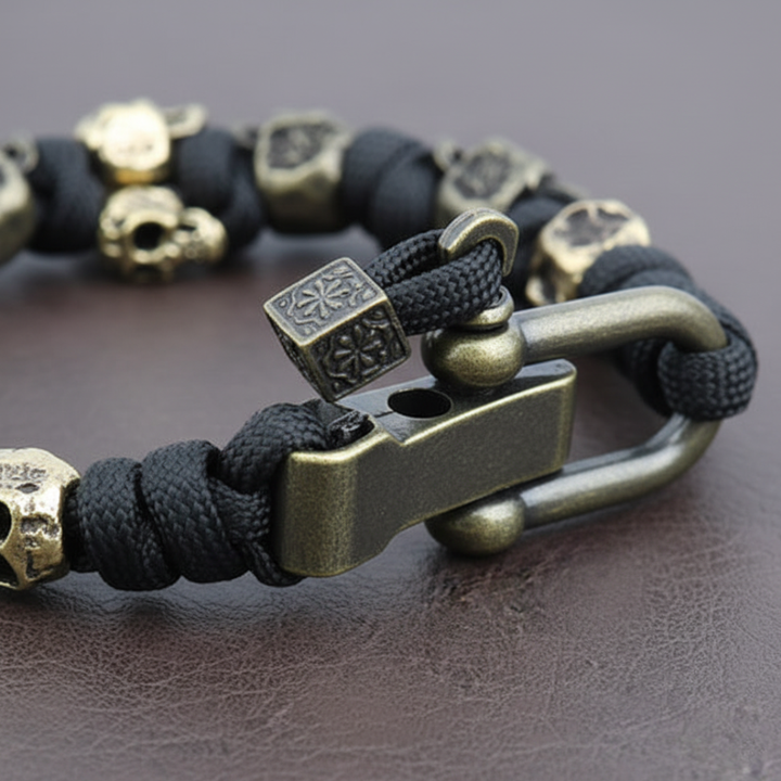Men's Paracord Bracelet with Bronze Metal Skulls