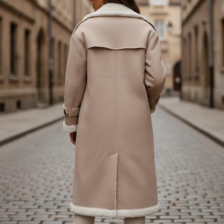Cappotto Donna in Pelle Sintetica con Collo in Pelliccia e Bottoni