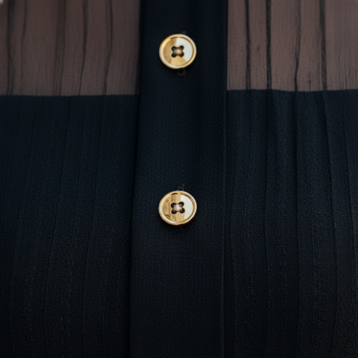 Abito Donna Nero Collo Alto Pieghe Tessuto Elegante