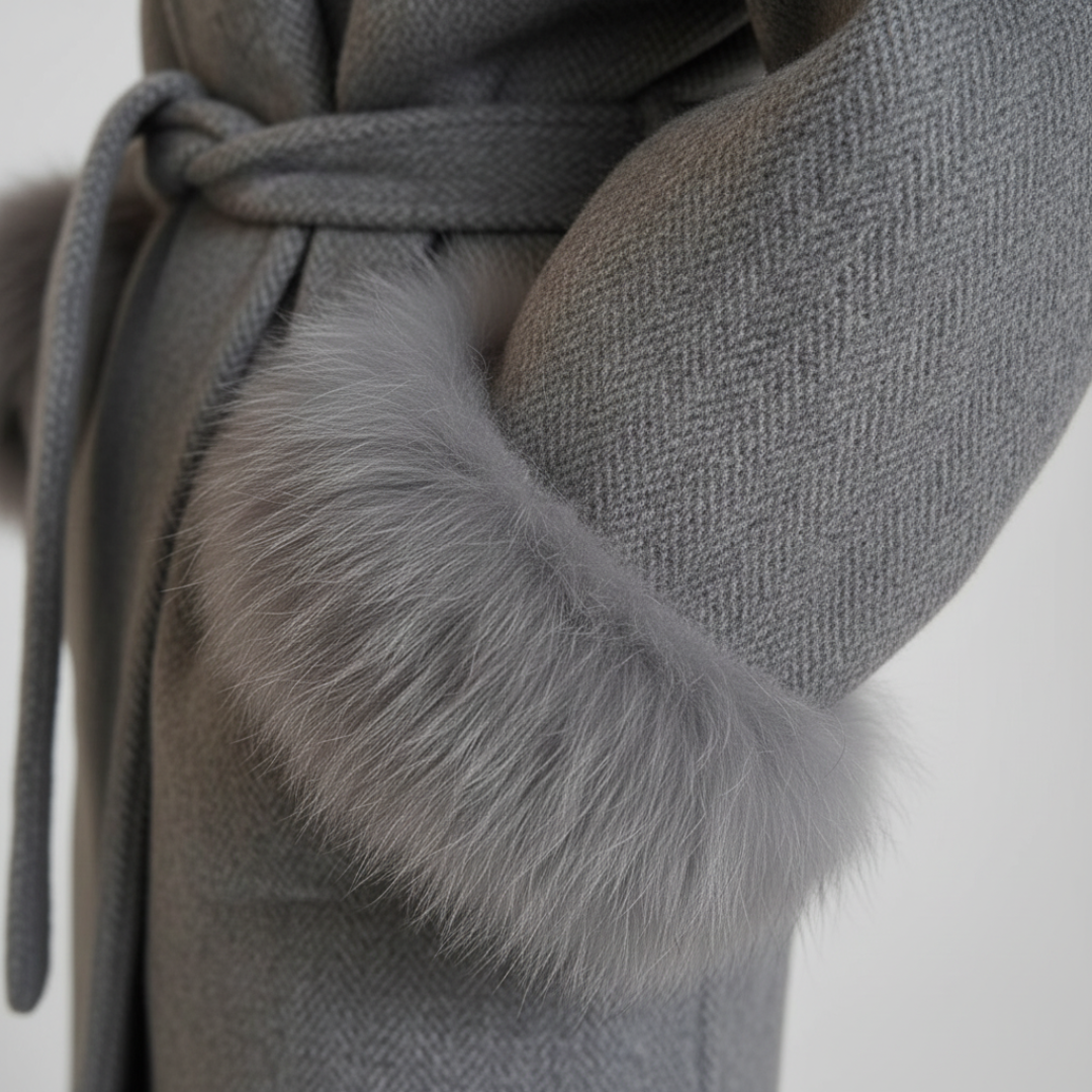 Cappotto Donna in Materiale di Alta Qualità Grigio con Fascia e Polsini in Pelliccia Sintetica