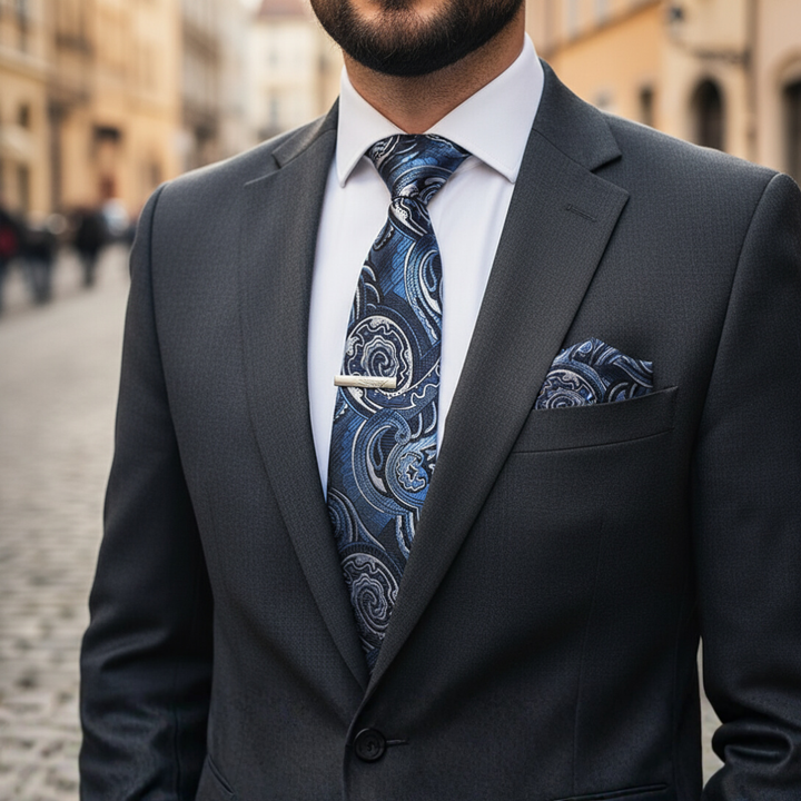 Set Cravatta Uomo Seta Paisley Rosso Blu Completo