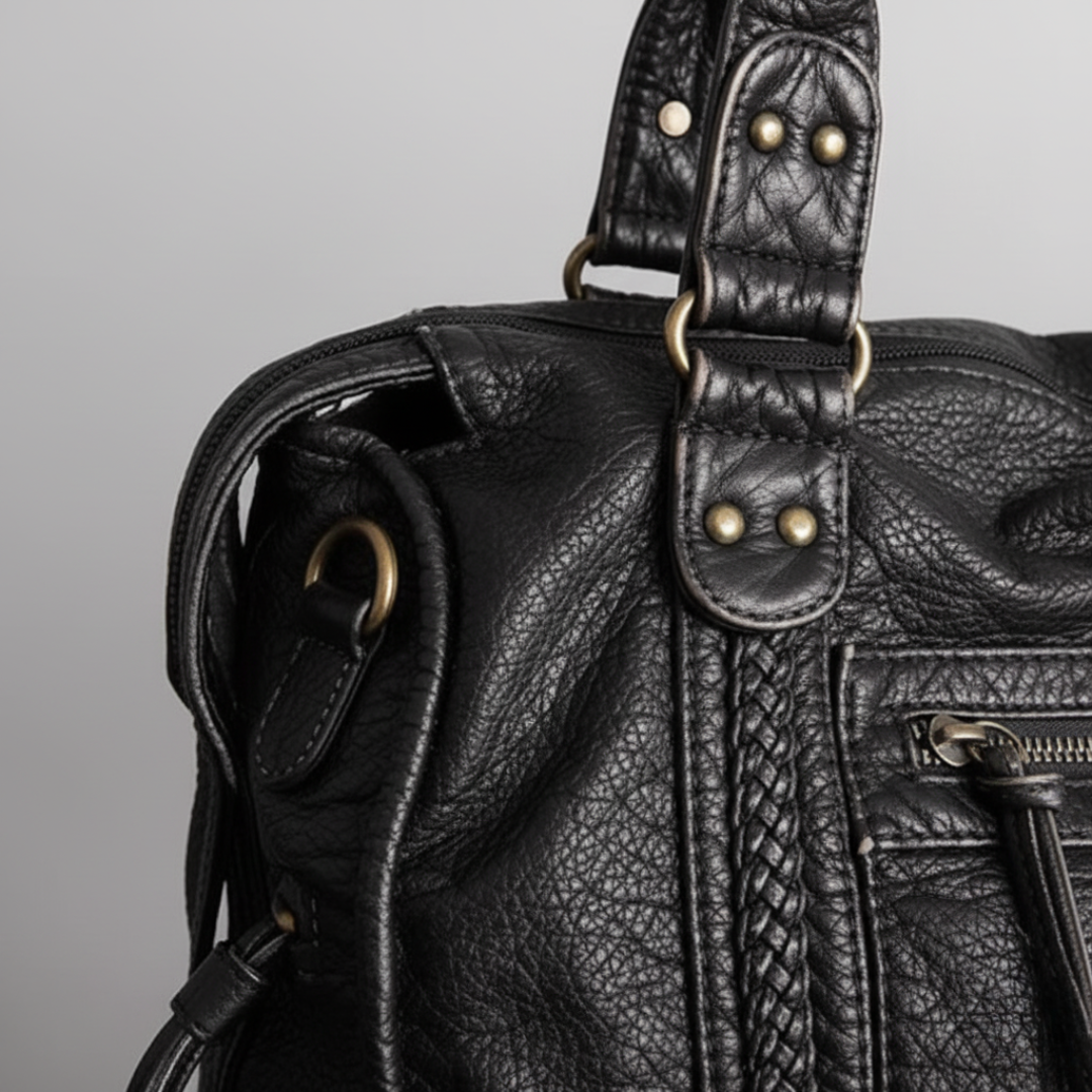 Women's Black Leather Bag With Handles