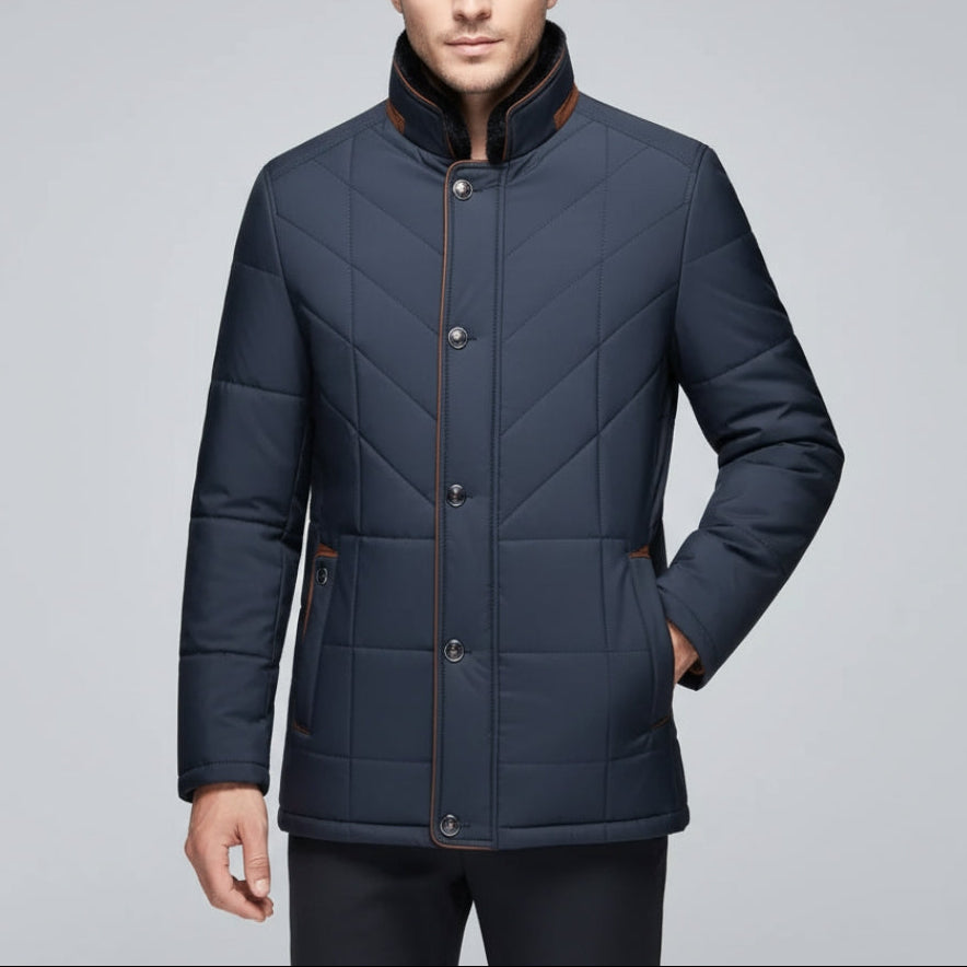 Giacca trapuntata marrone con collo in velluto