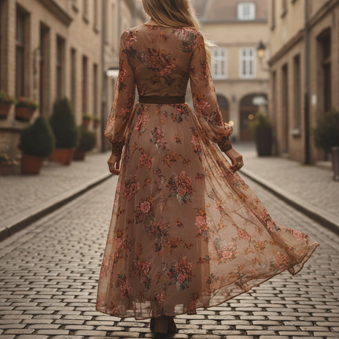 Abito Donna Lungo in Chiffon con Motivo Floreale