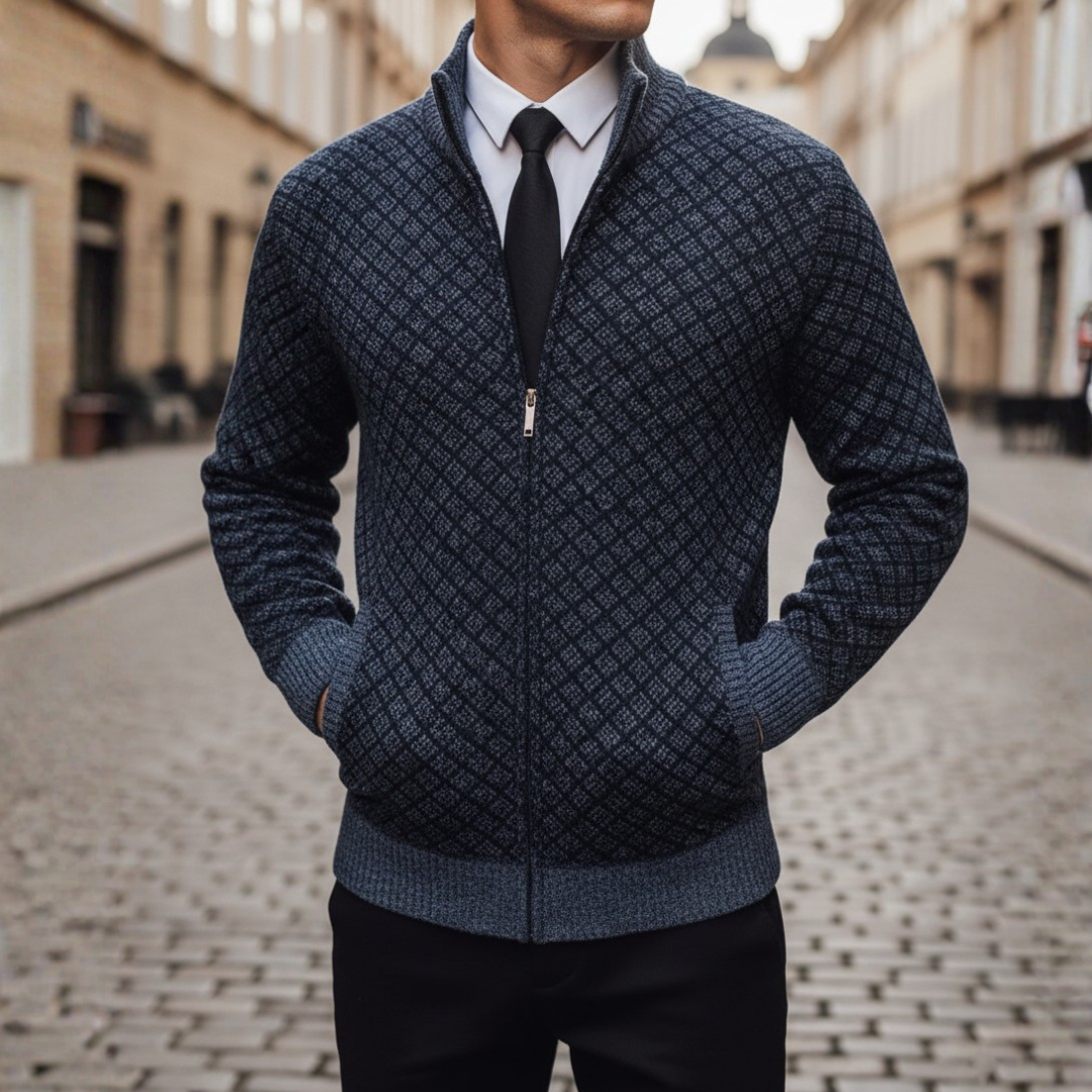 Cardigan Uomo con Zip e Fantasia in Materiale di Alta Qualità con Colletto Alto