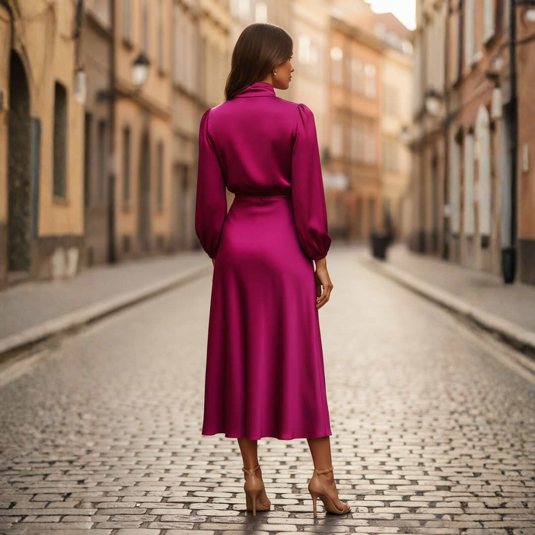 Abito Midi da Donna Satinato con Collo Alto