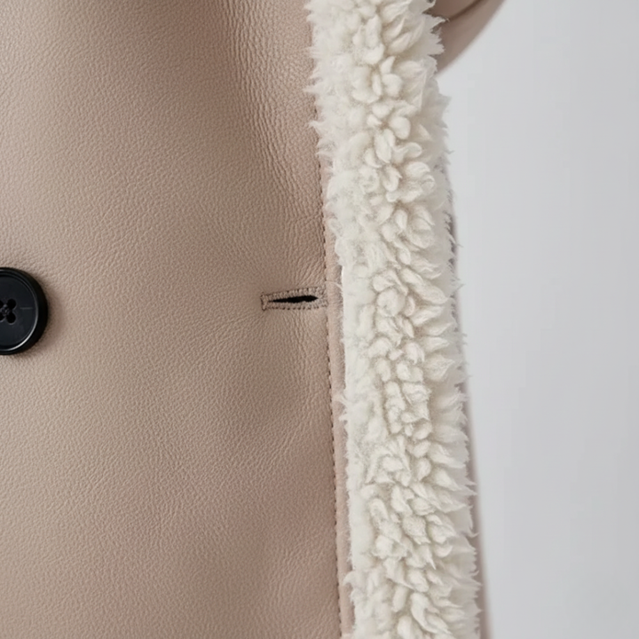 Cappotto Donna in Pelle Sintetica con Collo in Pelliccia e Bottoni