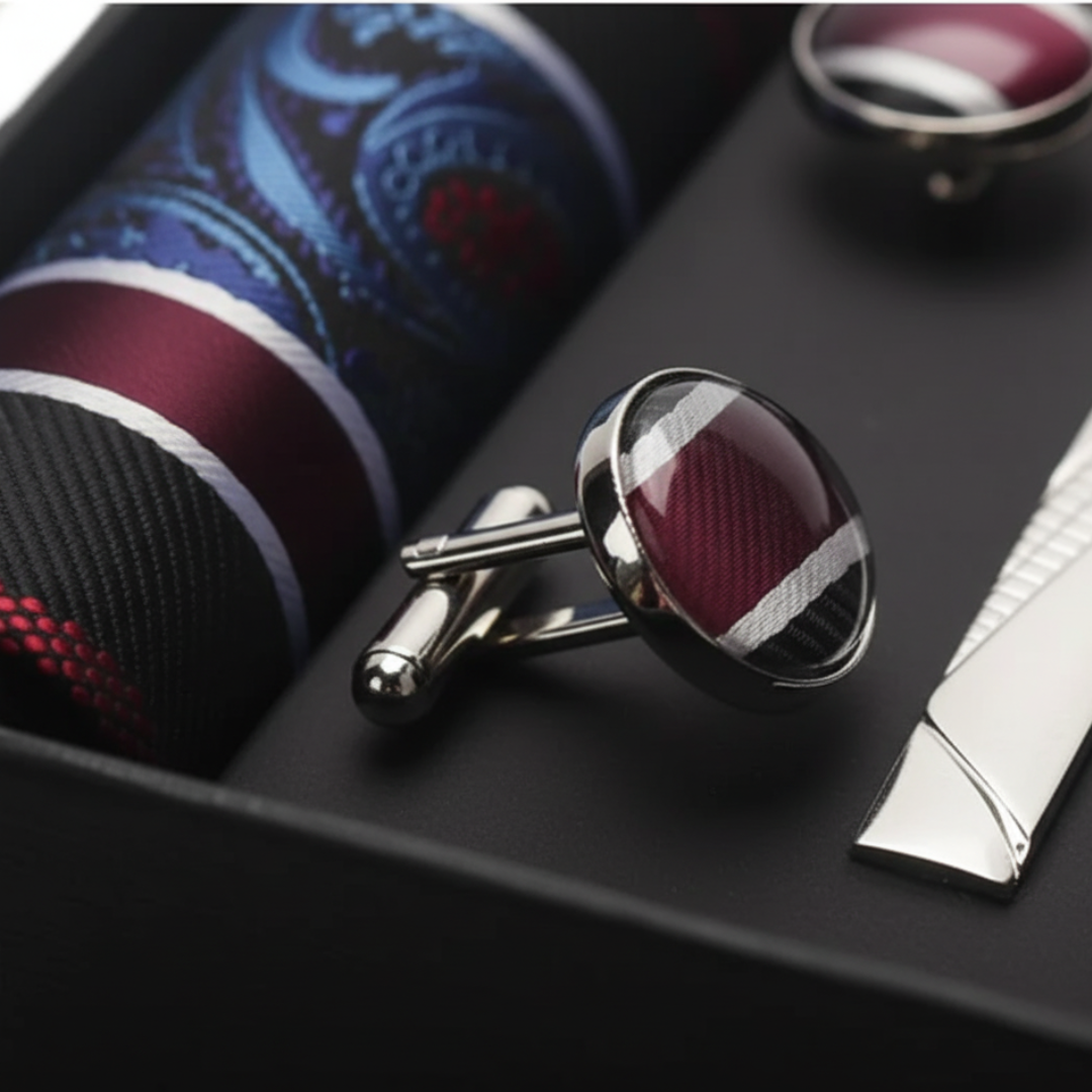 Set Cravatta Uomo Seta Paisley Rosso Blu Completo