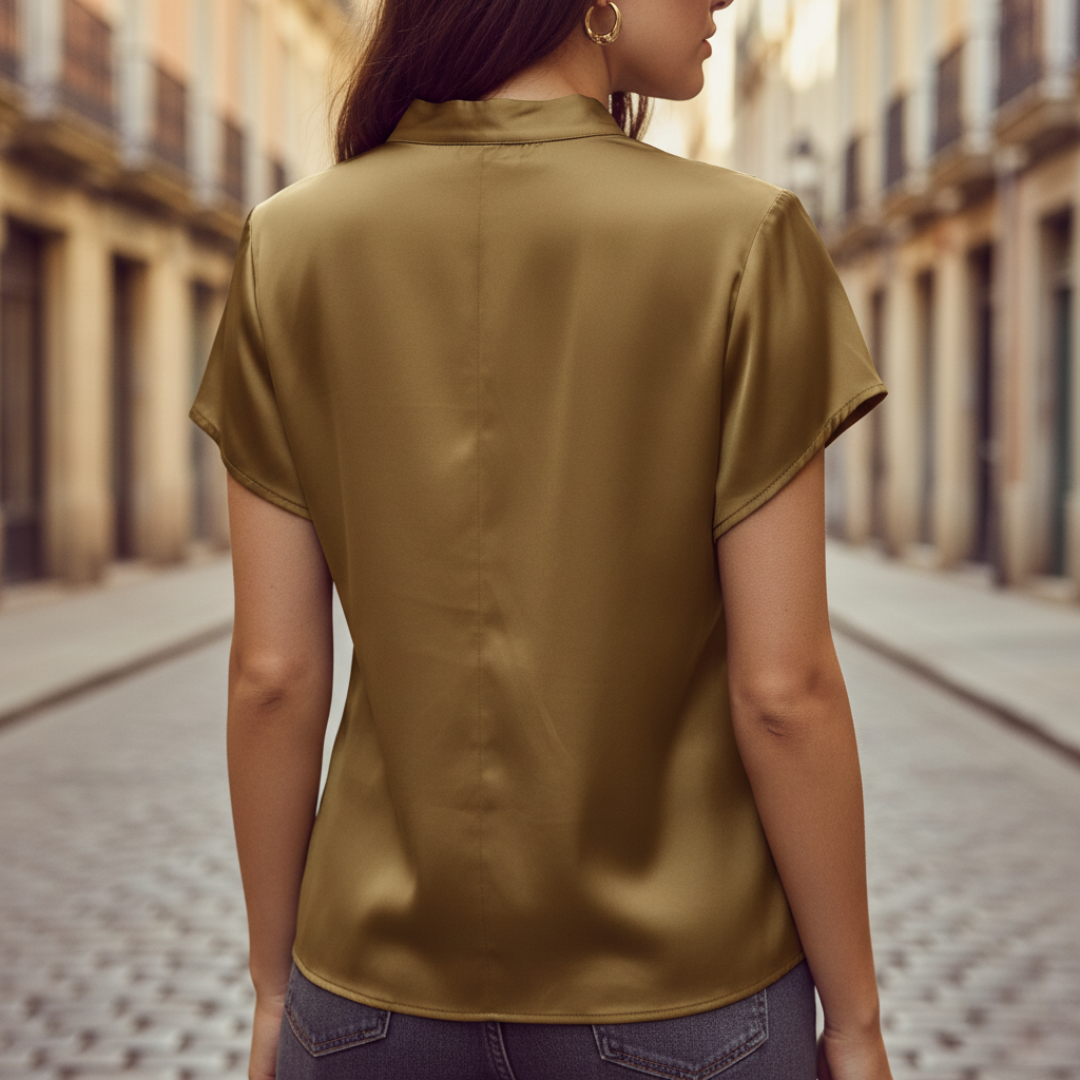 Blusa Satinata Donna Maniche Corte Collo Cowl