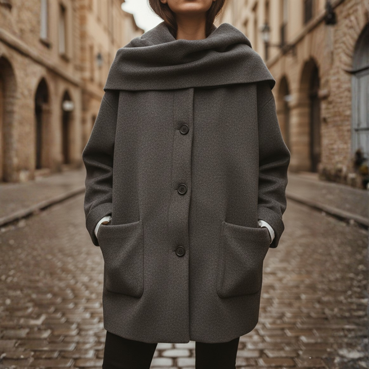 Short Women's Coat in High-Quality Material with Hood and Oversized Cape