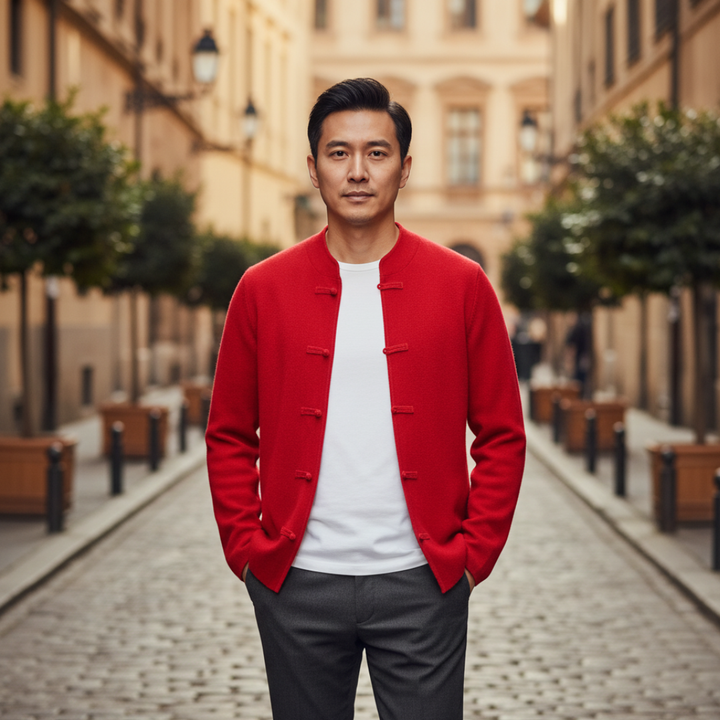 Cardigan Uomo Stile Cinese con Bottoni Rana in Materiale di Qualità