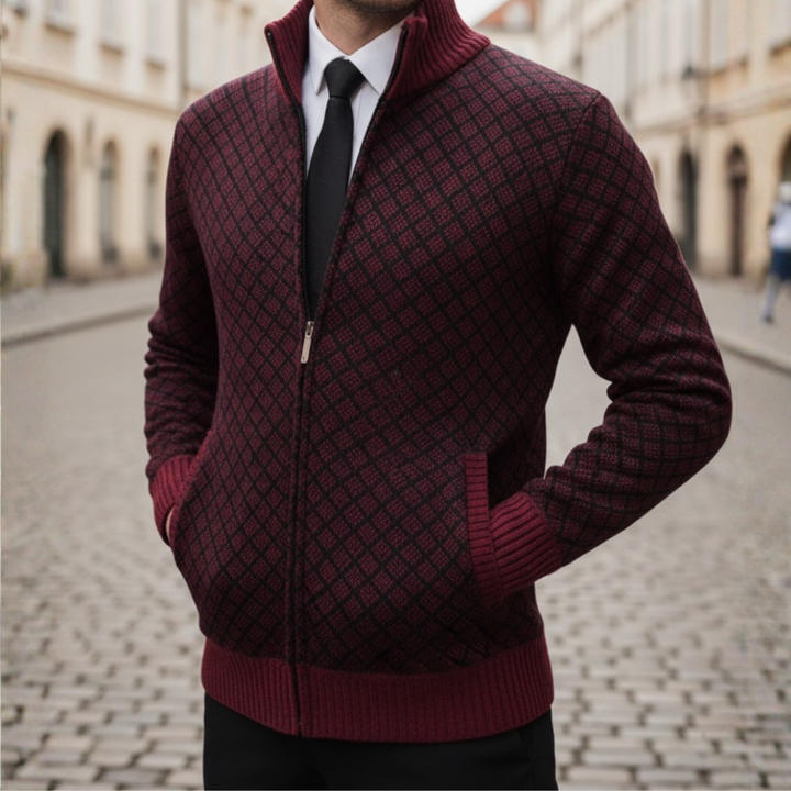 Cardigan Uomo con Zip e Fantasia in Materiale di Alta Qualità con Colletto Alto